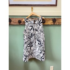 Tahari Womens Plus 2X Linen Tunic Top Black White Leaf Print Sleeveless Pockets
