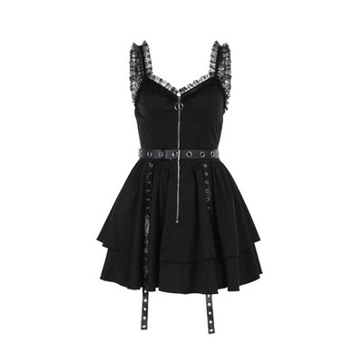 Womens Gothic Lolita Mini Dress Black Lace Strap Belted Shrug Cape Option