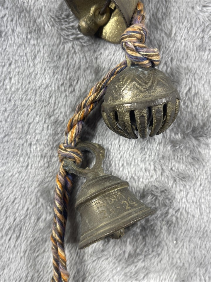 Antique Brass Hanging Metal Bells on Rope, Etched Rustic Door Decor Set ...
