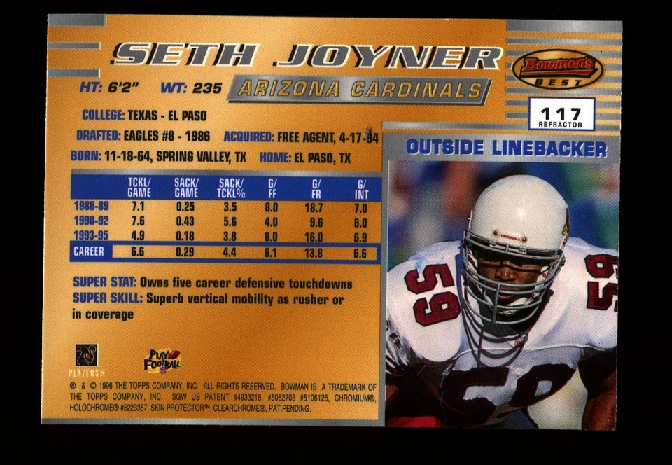 1996 Bowman's Best Refractor #117 Seth Joyner Arizona Cardinals - Image 2 of 2