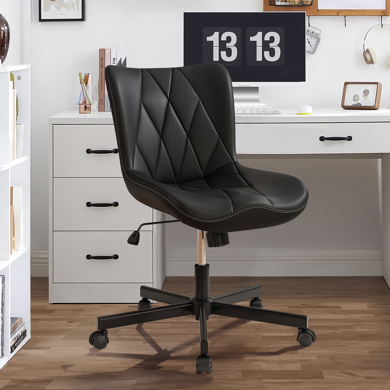 PU Leather Office Desk Chair Ergonomic Swivel Task Chair with Wheels 300lbs