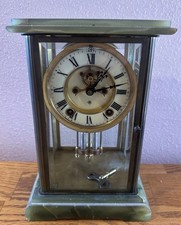 ANSONIA CRYSTAL REGULATOR OPEN ESCAPEMENT CLOCK GREEN OYNX Marble Glass Case