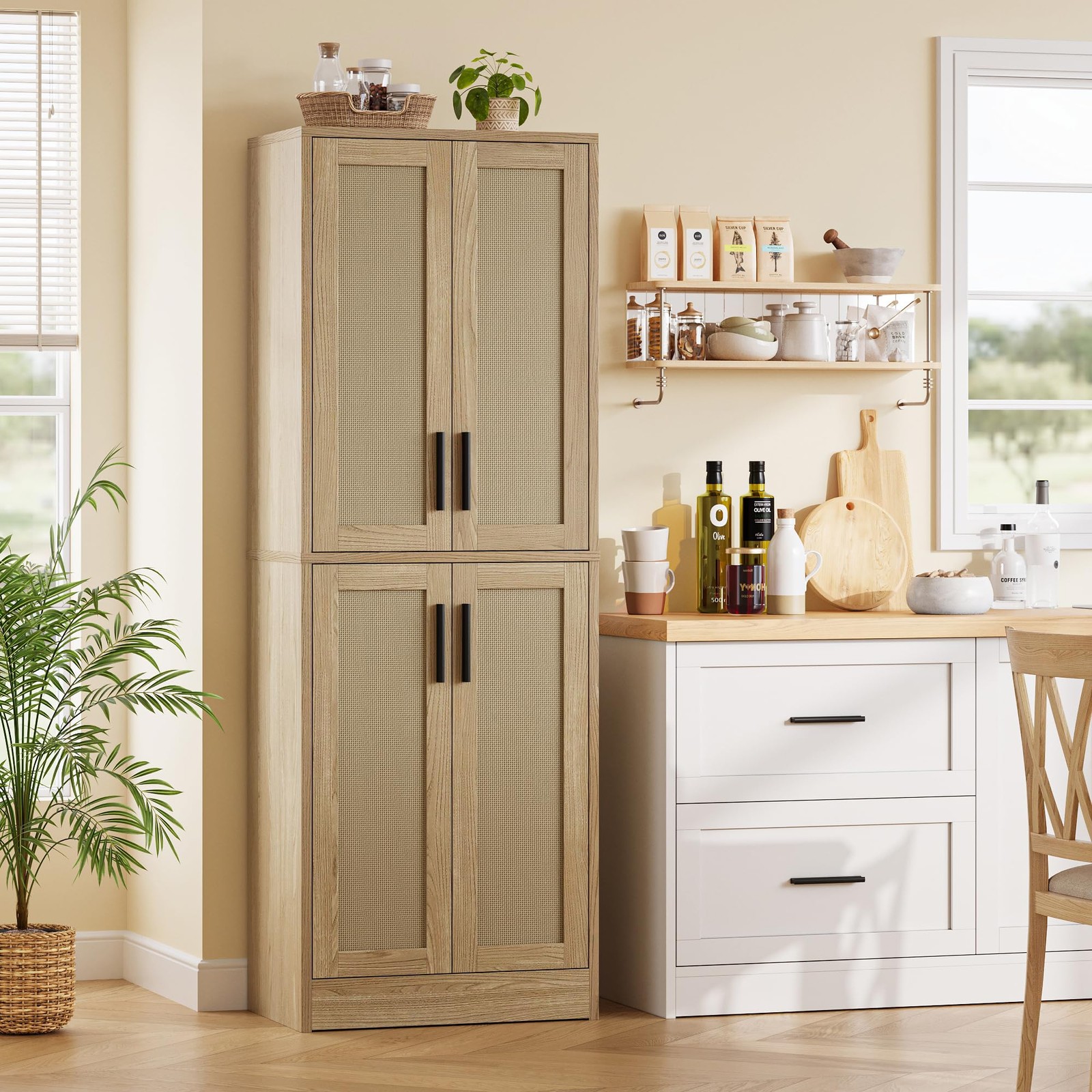 Homzbesy 4-Shelf Tall Kitchen Pantry Cabinet with Rattan Storage Doors