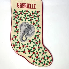 Elephant with Mistletoe and Holly Needlepoint Stocking Gabrielle Name Vintage Ha