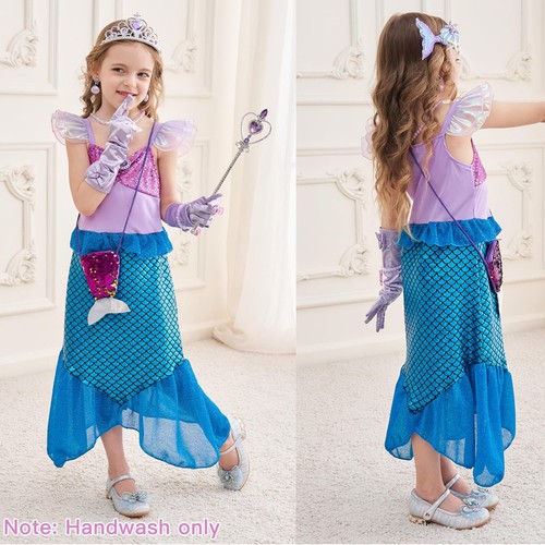 Girls Mermaid Costume Princess Fancy Dress Up Cosplay Sequin Outfit Set Birthday - Picture 5 of 17