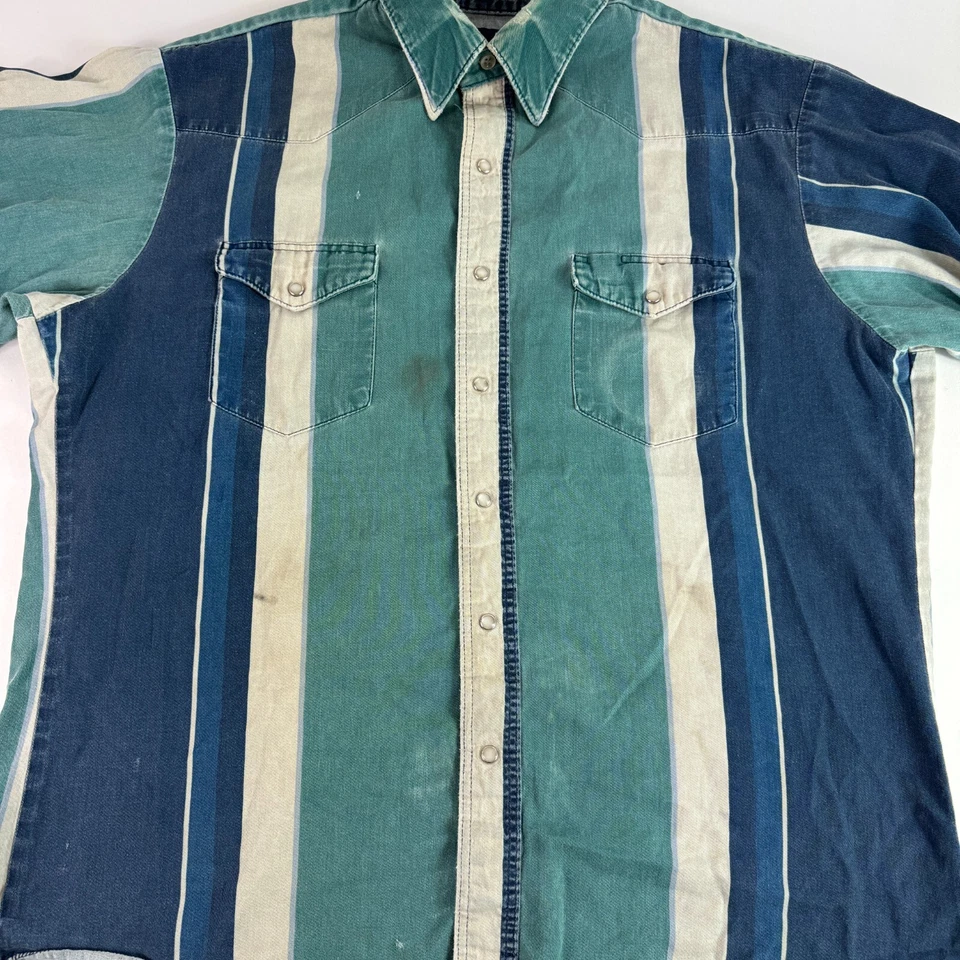 Vintage Wrangler Pearl Snap Button Shirt Rodeo Striped Brushpopper Blue Green XL - Image 2 of 4