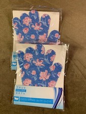 Blue Flower Exfoliating Spa Bath Gloves Shower Pair 100 Polyester body Sealed