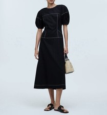 NWT Madewell Womens Puff Sleeve Drop Waist Midi Dress 00 100% Cotton Black