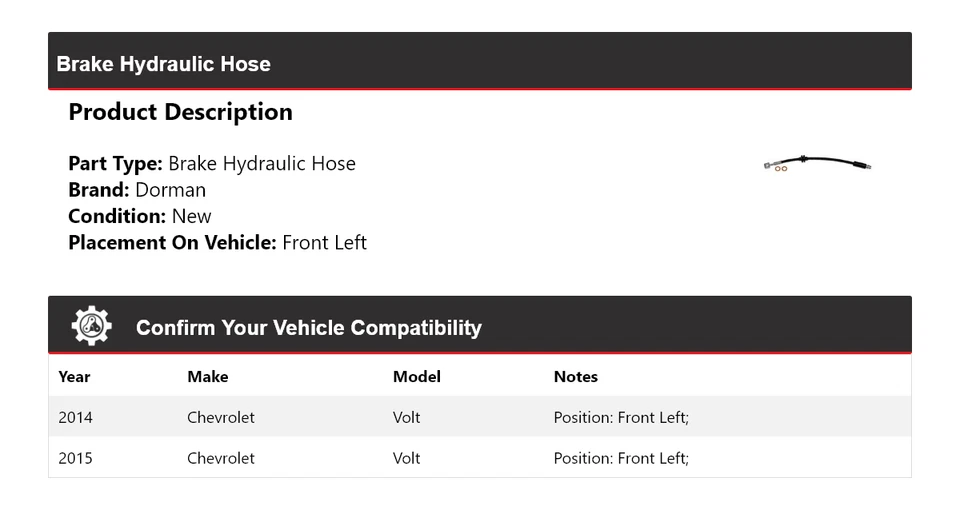 Manguera hidráulica de freno delantera izquierda Chevrolet Volt Dorman 2014-2015 Foto 2 de 4