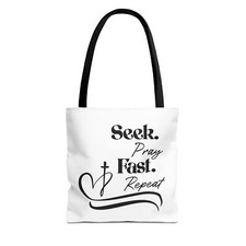 Faithful Tote Bag, Christian Seek Pray Fast Repeat Heart Cross Religious