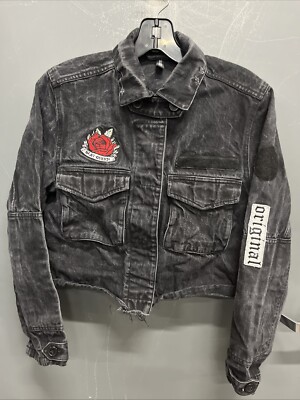 Divided By H&M Women's Black Patch Jean Jacket Hidden Front Buttons Size 2