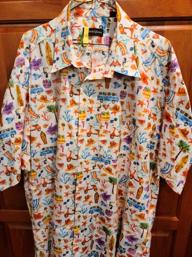 Rare Bullock & Jones Traveler Unique All Over Print Shirt Coral Fish Vespa 2XL - Picture 2 of 10