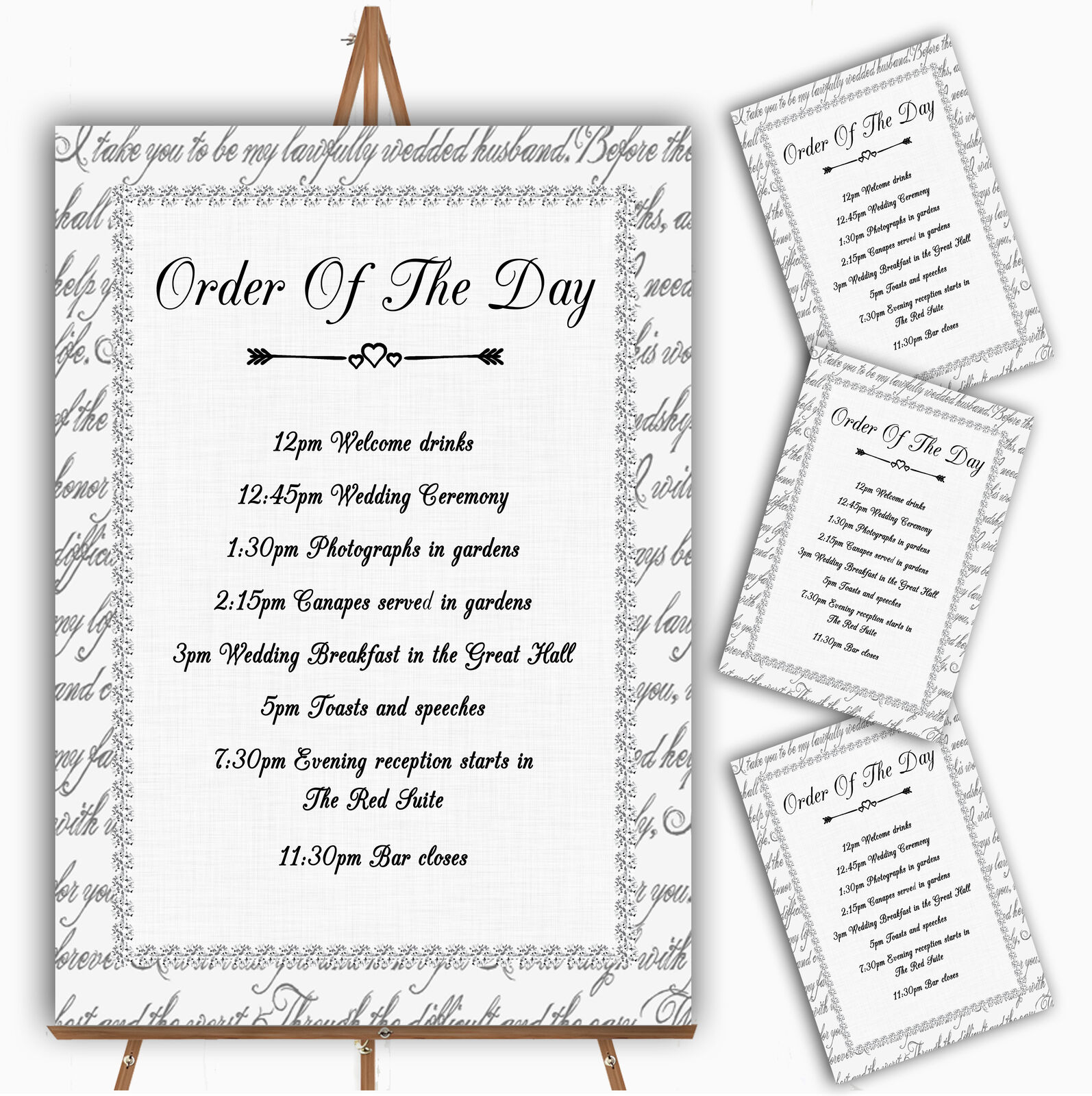 Off White Love Vows Romantic Script Personalised Wedding Order Of The Day Cards Tanie zapasy
