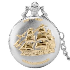 Golden Sailing Boat Design Quartz Pendant Pocket Watch Arabic Numerals Display