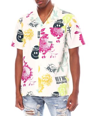HUF Men's S/S Button Up Resort Shirt BLOOM - Natural - Medium - NWT - LAST ONE
