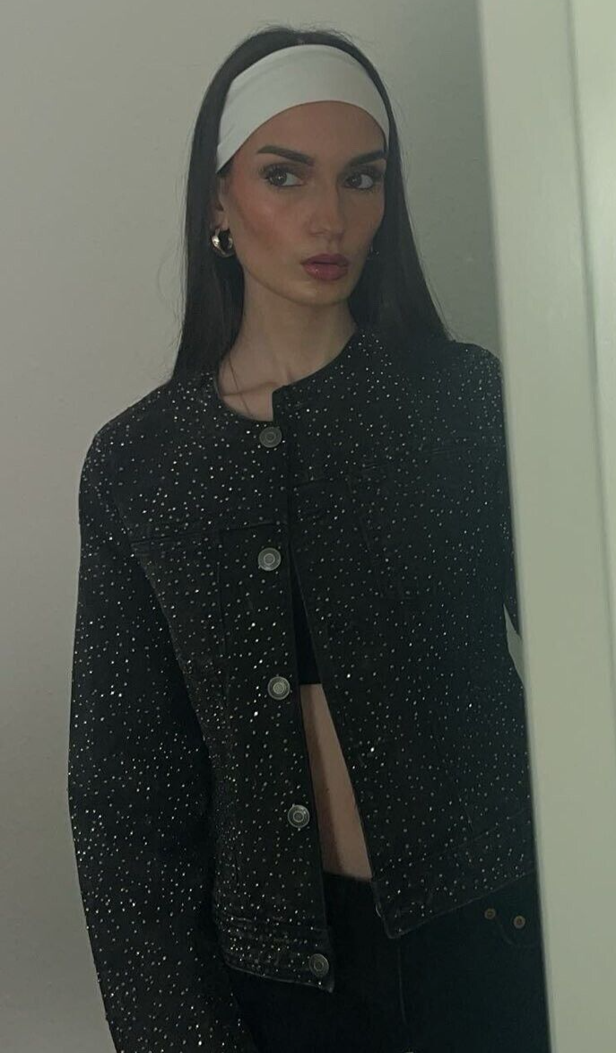 Zara Sequinned Denim Jacket ZW Collection Grey Rhinestone XS S M