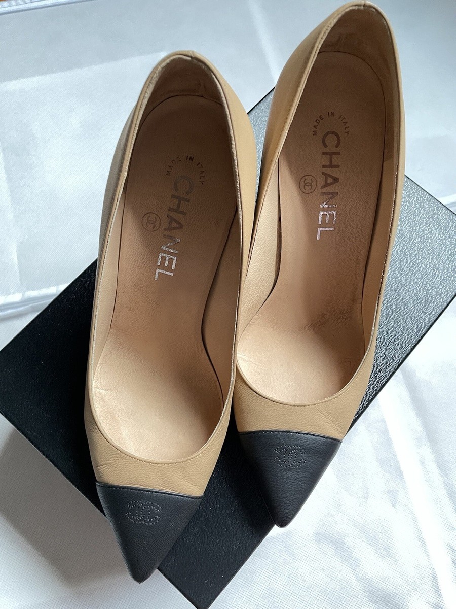 Chanel Beige and Black Wedges Heels Sz 37.5 | eBay Chanel Beige and Black Wedges Heels Sz 37.5 | eBay