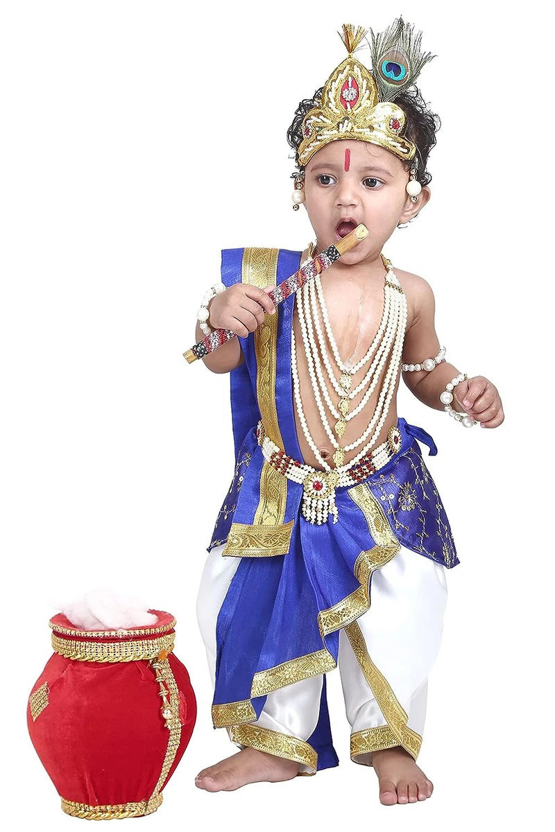 Raj Costumes Little Baby Krishna krishan ji kanha dress for Kids Boys Girls  Janmashtami Set of 11 items ( Dhot , patka , Hip Cover , 5 Layer Mala ,  Kamarbandh ,