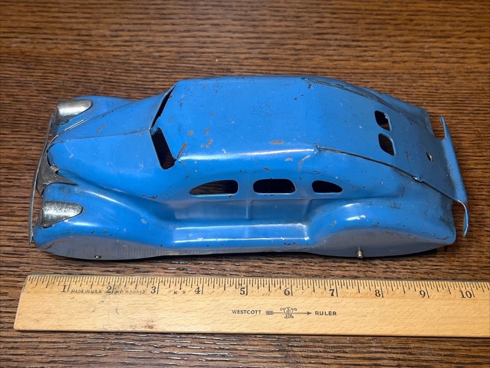 Antiguo coche de juguete Lincoln Zephyr azul "estilo misterioso" de acero Marx con llave cuerda Foto 2 de 4