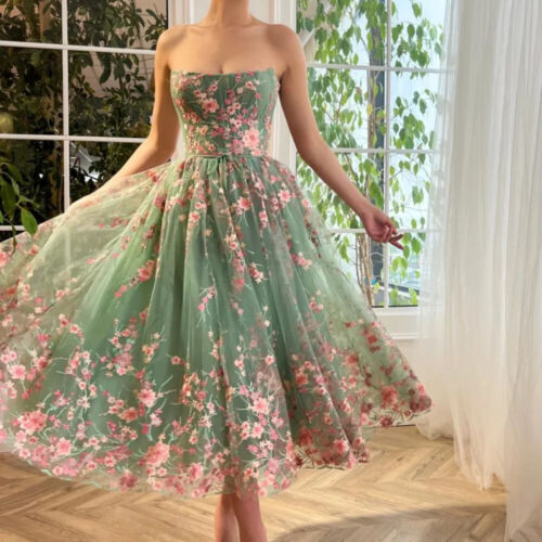 Green Flowers Embroidery Strapless Sleeveless Evening Dresses Wedding Dress - Picture 3 of 9