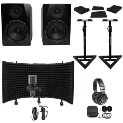 2) Rockville APM6B 6.5'' Active Studio Monitors+Stands+Mic+Headphones+Iso Shield