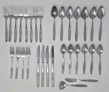 Rosette (Stainless Steel) Korea, Set of 31 Pieces Floral Glossy Flatware MCM