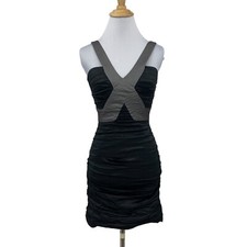 BCBG Maxazria Simson Dress Women 2 Black Cross Strap V Neck Ruched Back Zip Mini