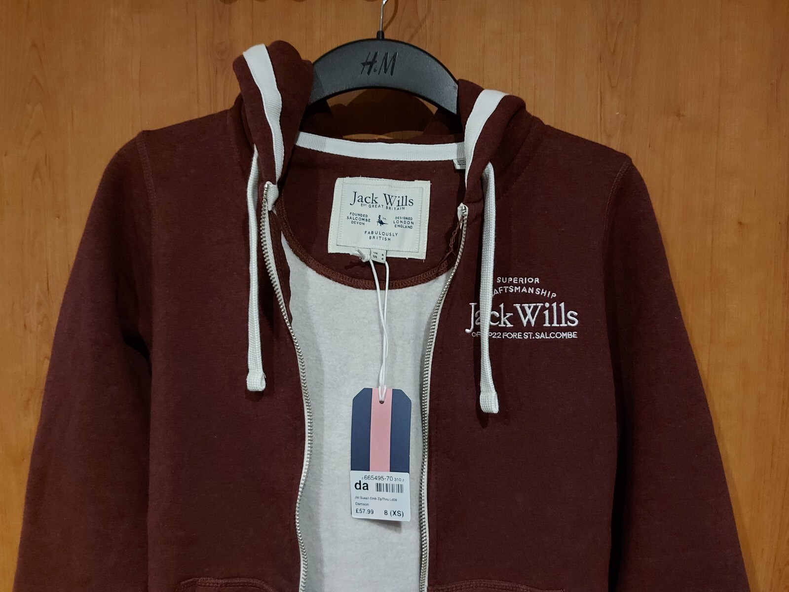 Jack Wills Women's Hunston Graphic Logo Full Zip Hoodie Size UK 8 XS Damson Red image 3