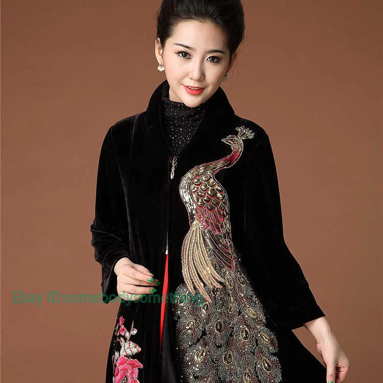 Mujeres Terciopelo Largo Lentejuelas Bordado Estilo Chino Gabardina Parka Chaqueta Retro Foto 4 de 4