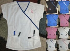 Charitable's Mock Wrap Scrub Top With Cancer Bow Sz XXS to M