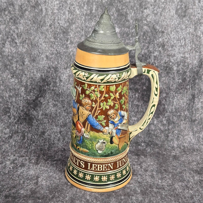 Vintage German Beer Stein 12'' Relief Scene Pewter Lid  Ein frischer Trunk  175/5