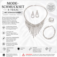 Strass Schmuckset 4-Teilig Silber Kette Ohrringe Armband Ring Brautschmuck