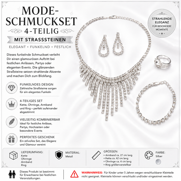 Strass Schmuckset 4-Teilig Silber Kette Ohrringe Armband Ring Brautschmuck-image