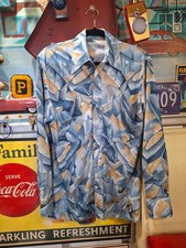 True VTG Mid-century 1960s 1970s Funky Polyester Long Sleeve Print Shirt M/L