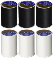 6 Pack Bundle - (3 Black + 3 White) - Coats & Clark Dual Duty All-Purpose Thread