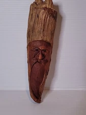 Vtg. Hand Carved 3D Wood Face Old Man Tree Spirit Wall Folk Art Decor 10" Signed