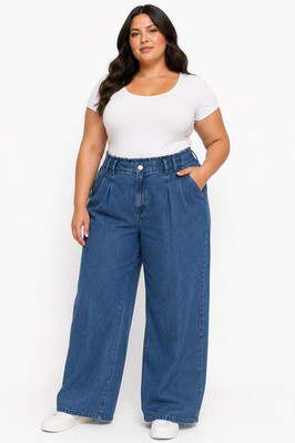 Simply Be Wide Leg Jeans UK 24R Plissee vorne elastischer Bund neu mit Etikett Lyocell blau