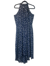 Tahari ASL High Halter Neck Dress Size Navy Blue White Polka Dots High Low Midi