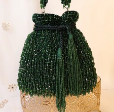 Green Crystal Potli Bag with Long Tassels Emerald Green Pouch Bag Purse