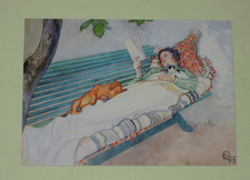 1x Postkarten lesende Frau Gartenbank Carl Larsson 19 13 Kunst Katze Hund A6