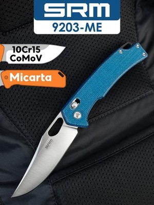 SRM Knives 9203 ME Ambi Lock Blue Micarta Folding 10Cr15CoMoV Knife