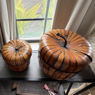 2-Pack Woven Wood Pumpkin Storage Baskets w/ Lids, Fall Seasonal Brown/Black