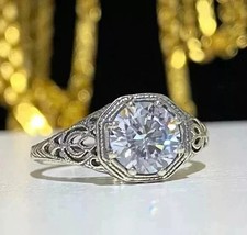 Art Deco Style Round Lab Created Diamond Filigree 14K White Gold FN Wedding Ring