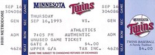 SEPTEMBER 16, 1993 OAKLAND A'S  @ MINNESOTA TWINS FULL TICKET, SEAT 4626