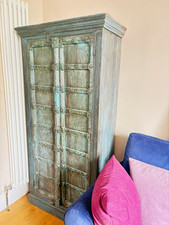 Vintage Indian Almirah Blue Wood 2 Door Hinged Closet System 3 Shelves