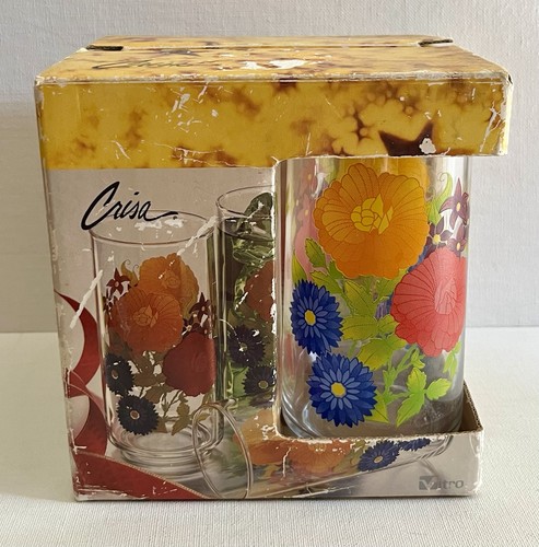 Vintage Crisa Drinking Glasses Tumbler Glass Set Flower Floral 4pc Boxed 16oz