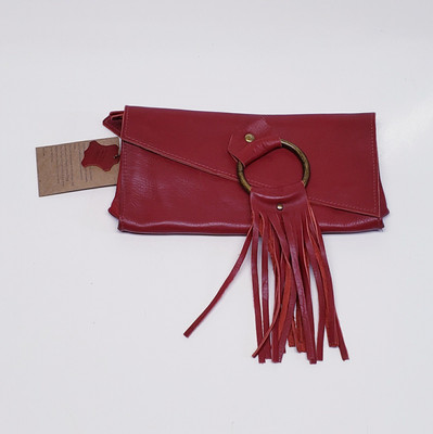 New Lisa Leonard Your Heart in Mine Boho Wallet Clutch -Ruby Red -Fringe Leather