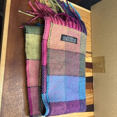Foxford 100% Lambswool Plaid Scarf With Fringe Pink Blue Greens- Bright-No Holes