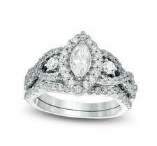 Juego nupcial de diamantes creado en laboratorio de 3 quilates de oro blanco de 14 quilates con halo de marquesa de vid retorcida