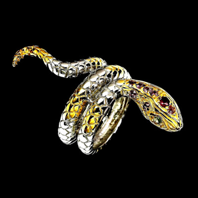 RHODOLITH GRANAT & CHROMDIOPSID 2-TONE COBRA RING 925 STERLING SILBER GR. 6